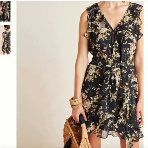 ⭐️ Paige Tia Silk Ruffle Peasant Summer Picnic Classy Elegant Tie Chic Hip Dress - Picture 1 of 11